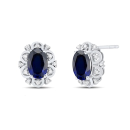 Oval Blue Sapphire and 0.065 CT. T.W. Diamond Stud Earrings in 10K White Gold