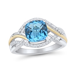 Cushion-Cut Swiss Blue Topaz and White Lab-Created Sapphire Ring in Sterling Silver and 10K Gold