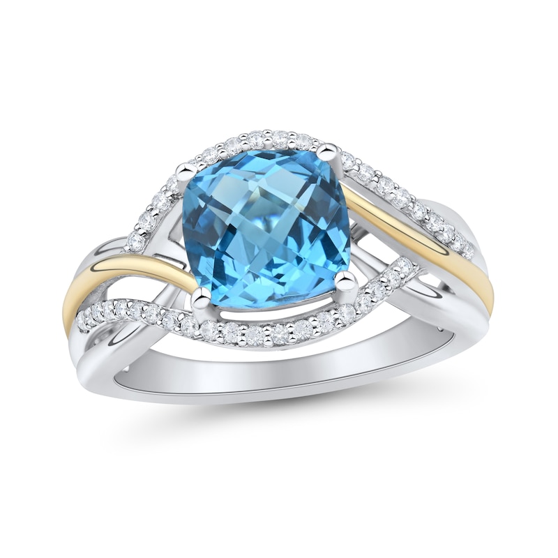 Cushion-Cut Swiss Blue Topaz and White Lab-Created Sapphire Ring Sterling Silver 10K Gold