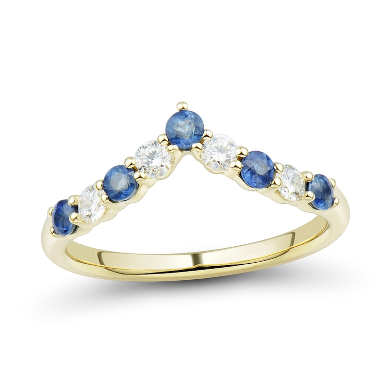 Blue Sapphire and 0.23 CT. T.W. Diamond Chevron Band 10K Gold