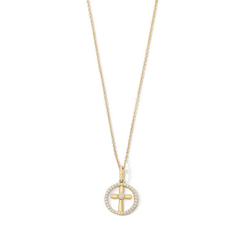 Main Image 1 of 0.085 CT. T.W. Diamond Cross Circle Frame Pendant in 10K Gold