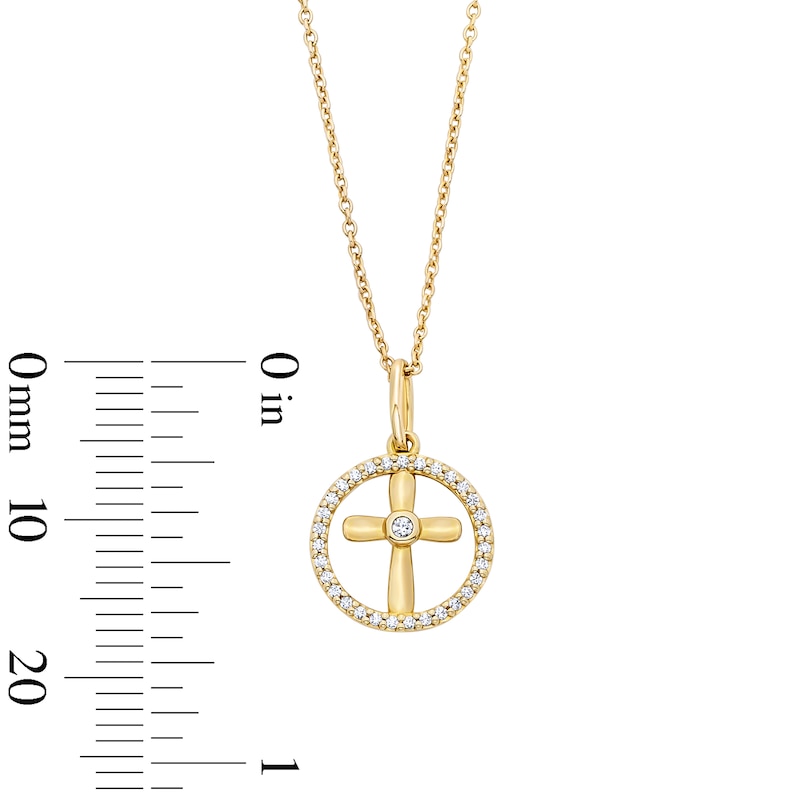 Main Image 3 of 0.085 CT. T.W. Diamond Cross Circle Frame Pendant in 10K Gold
