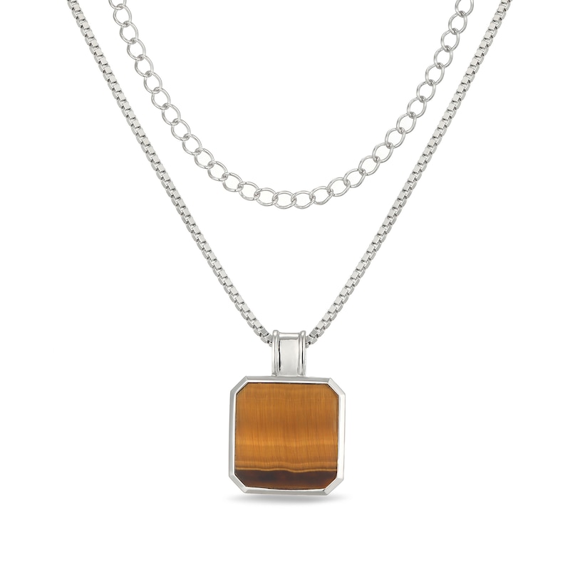 Octagon-Shaped Tiger's Eye Layered Necklace in Sterling Silver - 22"