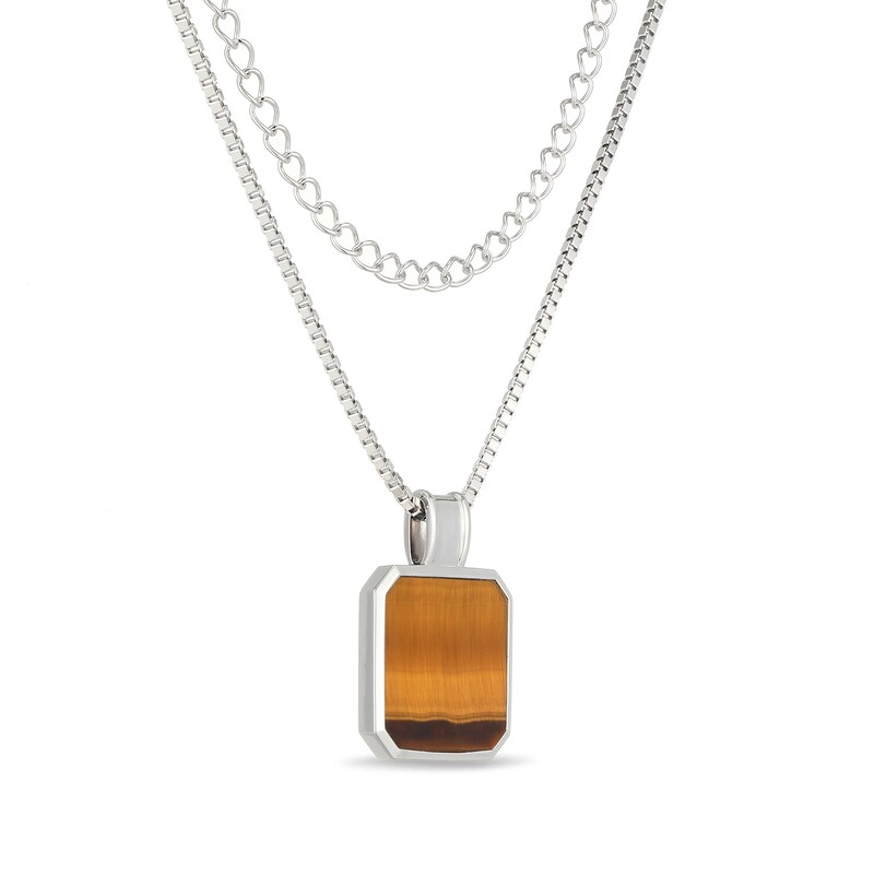 Main Image 2 of Octagon-Shaped Tiger's Eye Layered Necklace in Sterling Silver - 22”