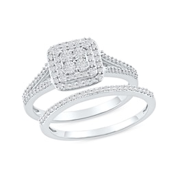 0.40 CT. T.W. Multi-Diamond Double Cushion Frame Bridal Set in Sterling Silver