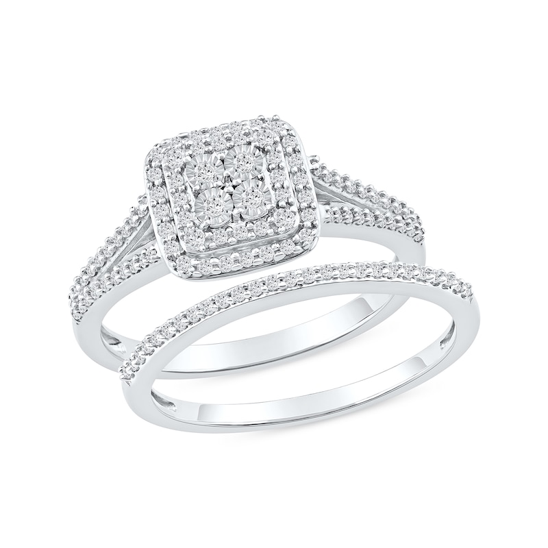 0.40 CT. T.W. Multi-Diamond Double Cushion Frame Bridal Set in Sterling Silver