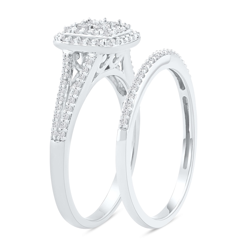 0.40 CT. T.W. Multi-Diamond Double Cushion Frame Bridal Set in Sterling Silver