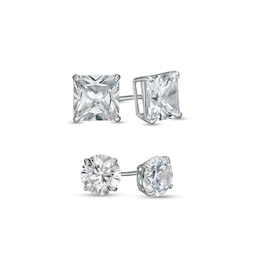 Princess-Cut and Round Cubic Zirconia Stud Earrings Set in 10K White Gold
