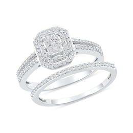 0.40 CT. T.W. Multi-Diamond Double Octagon Frame Bridal Set in Sterling Silver