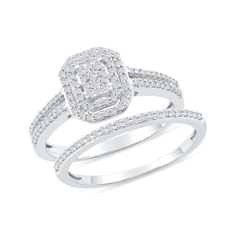 Main Image 1 of 0.40 CT. T.W. Multi-Diamond Double Octagon Frame Bridal Set in Sterling Silver