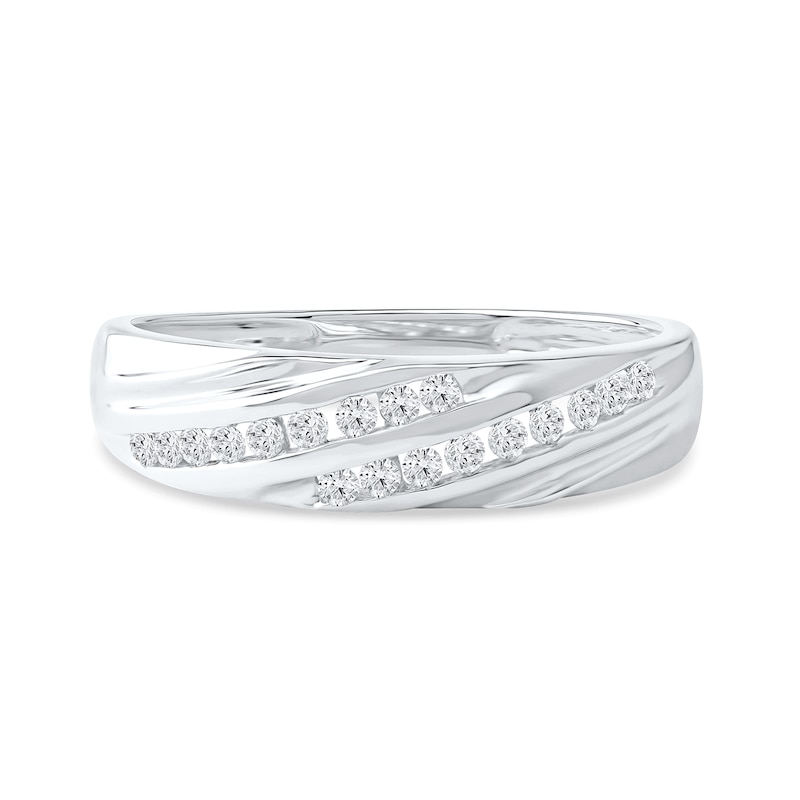 Main Image 3 of 0.27 CT. T.W. Diamond Channel-Set Diagonal Ribbons Wedding Band in Sterling Silver