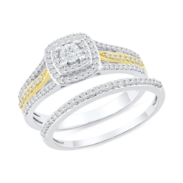 0.40 CT. T.W. Diamond Double Cushion Frame Bridal Set in Sterling Silver and 14K Gold Plate