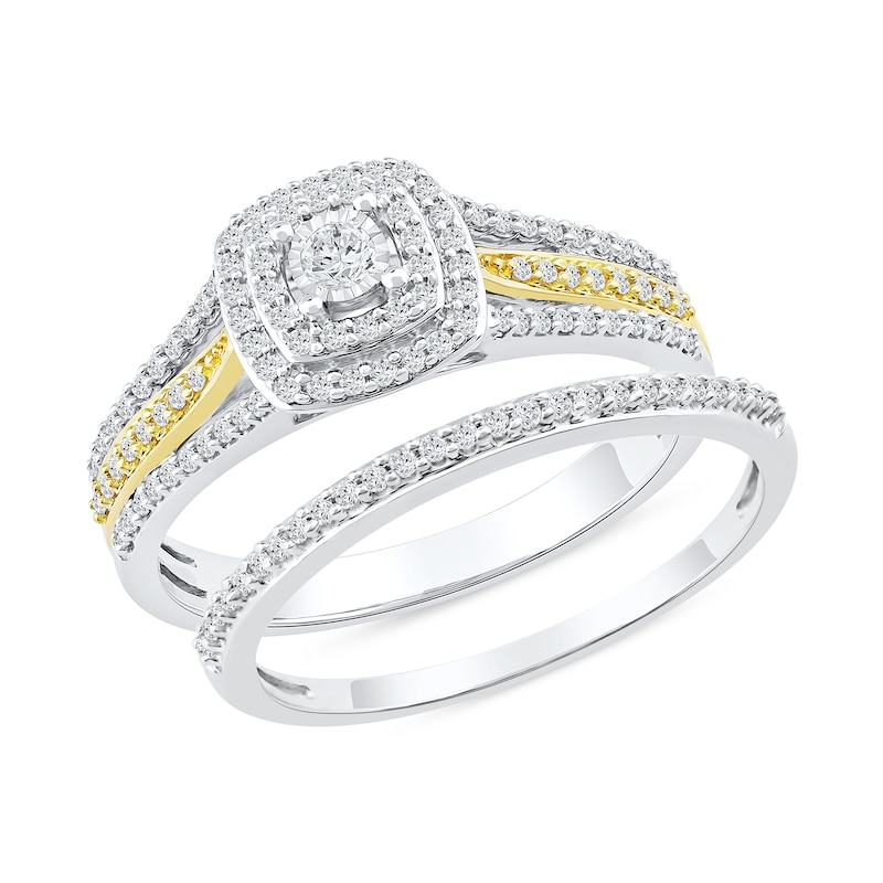 0.40 CT. T.W. Diamond Double Cushion Frame Bridal Set in Sterling Silver and 14K Gold Plate