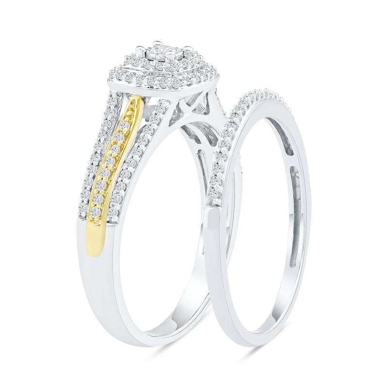 Main Image 2 of 0.40 CT. T.W. Diamond Double Cushion Frame Bridal Set in Sterling Silver and 14K Gold Plate