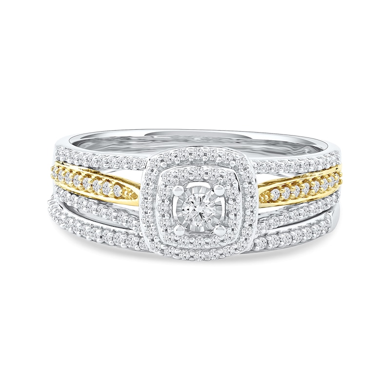 Main Image 4 of 0.40 CT. T.W. Diamond Double Cushion Frame Bridal Set in Sterling Silver and 14K Gold Plate