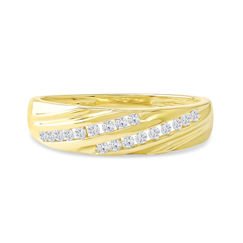 Main Image 3 of 0.27 CT. T.W. Diamond Channel-Set Diagonal Ribbons Wedding Band in Sterling Silver with 14K Gold Plate