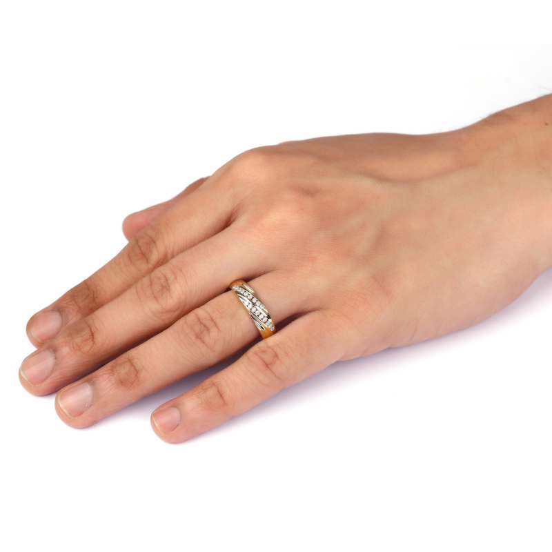 Main Image 4 of 0.27 CT. T.W. Diamond Channel-Set Diagonal Ribbons Wedding Band in Sterling Silver with 14K Gold Plate