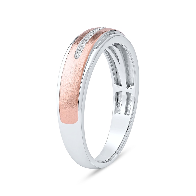Main Image 2 of 0.10 CT. T.W. Diamond Wedding Band in Sterling Silver and 14K Rose Gold Plate