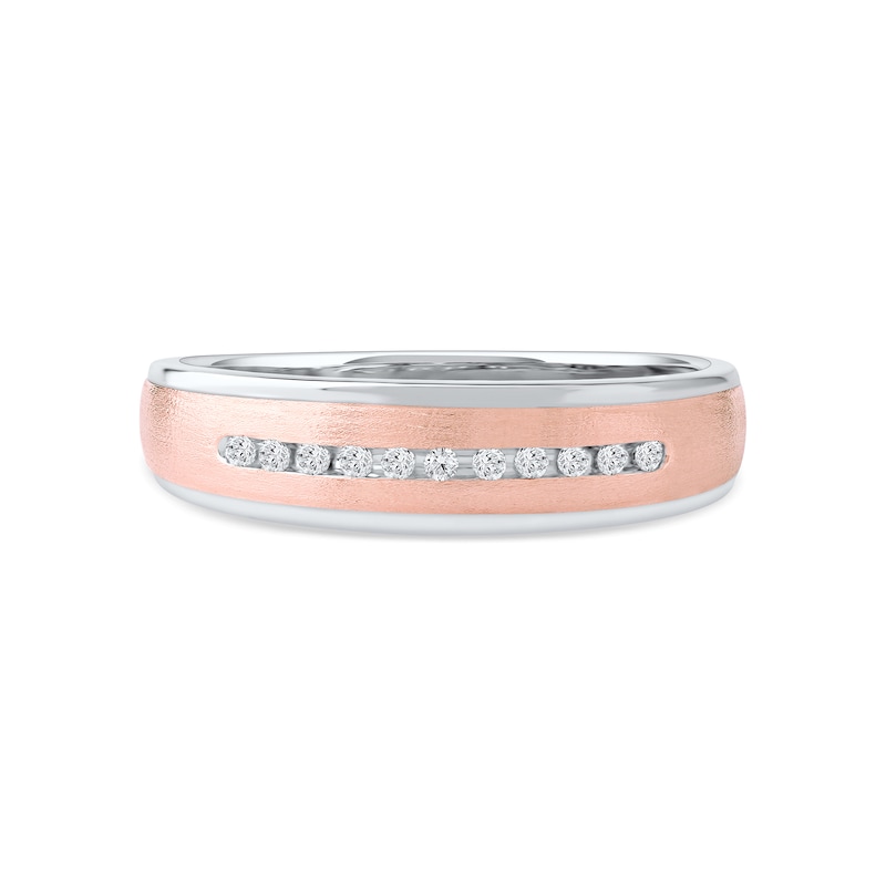 Main Image 3 of 0.10 CT. T.W. Diamond Wedding Band in Sterling Silver and 14K Rose Gold Plate