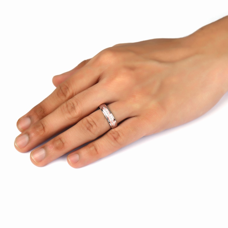 Main Image 4 of 0.10 CT. T.W. Diamond Wedding Band in Sterling Silver and 14K Rose Gold Plate