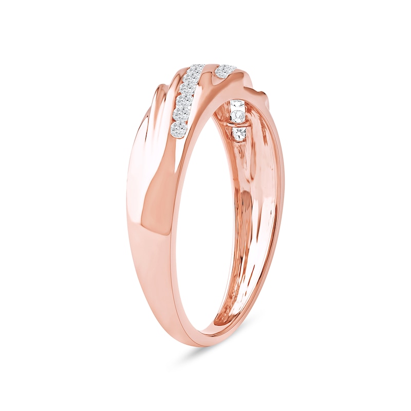 Main Image 2 of 0.27 CT. T.W. Diamond Channel-Set Diagonal Ribbons Wedding Band in Sterling Silver with 14K Rose Gold Plate