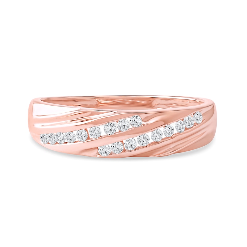 Main Image 3 of 0.27 CT. T.W. Diamond Channel-Set Diagonal Ribbons Wedding Band in Sterling Silver with 14K Rose Gold Plate