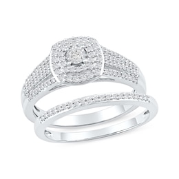 0.40 CT. T.W. Diamond Double Cushion Frame Bridal Set in Sterling Silver