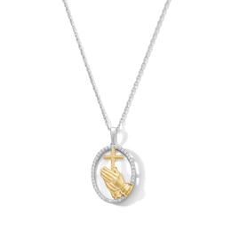 0.12 CT. T.W. Diamond Praying Hands and Cross Pendant in Sterling Silver and 10K Gold