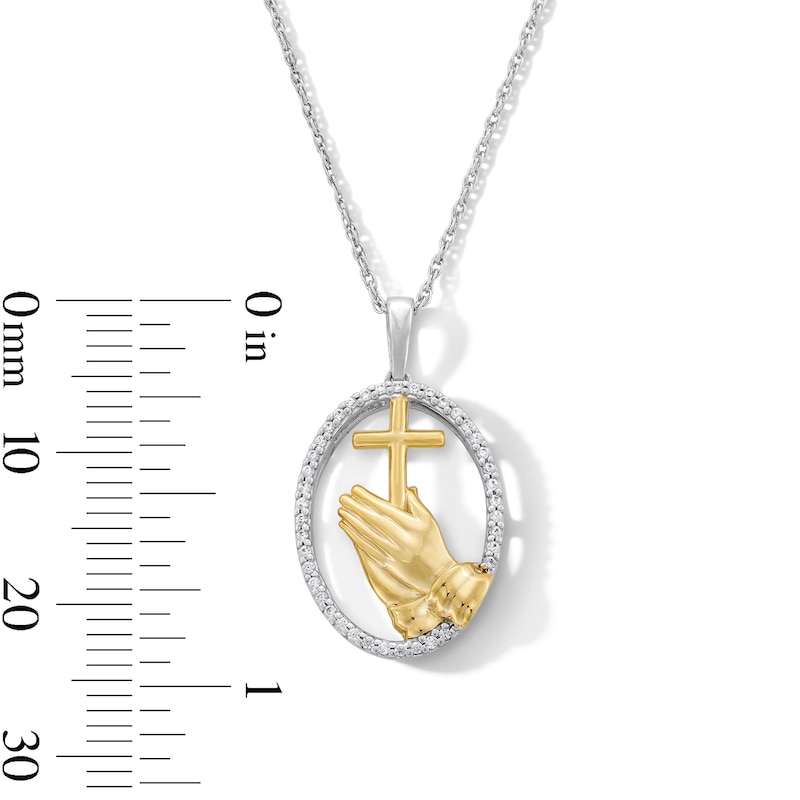 Main Image 2 of 0.12 CT. T.W. Diamond Praying Hands and Cross Pendant in Sterling Silver and 10K Gold