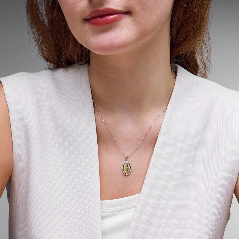 0.085 CT.T.W. Diamond Virgin Mary Oval Frame Pendant in Sterling Silver and 10K Gold