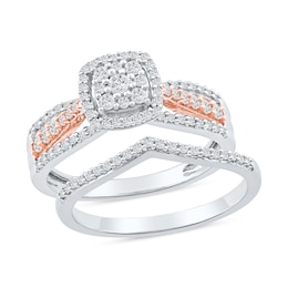 0.57 CT. T.W. Diamond Cushion Frame Bridal Set in Sterling Silver and 14K Rose Gold Plate