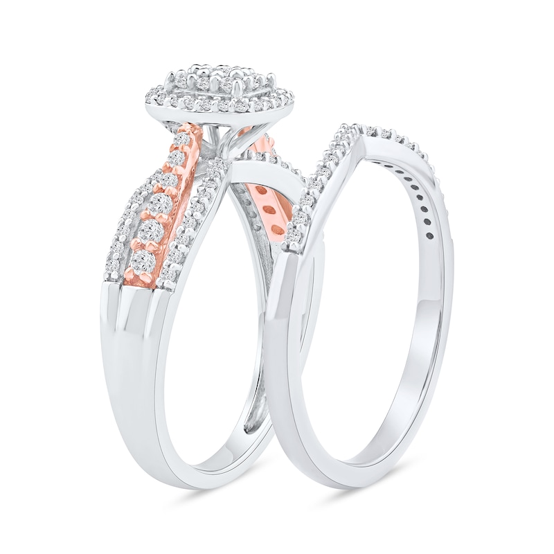 0.57 CT. T.W. Diamond Cushion Frame Bridal Set in Sterling Silver and 14K Rose Gold Plate
