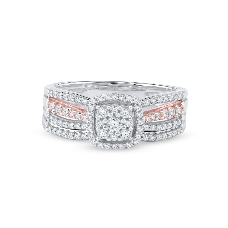 0.57 CT. T.W. Diamond Cushion Frame Bridal Set in Sterling Silver and 14K Rose Gold Plate