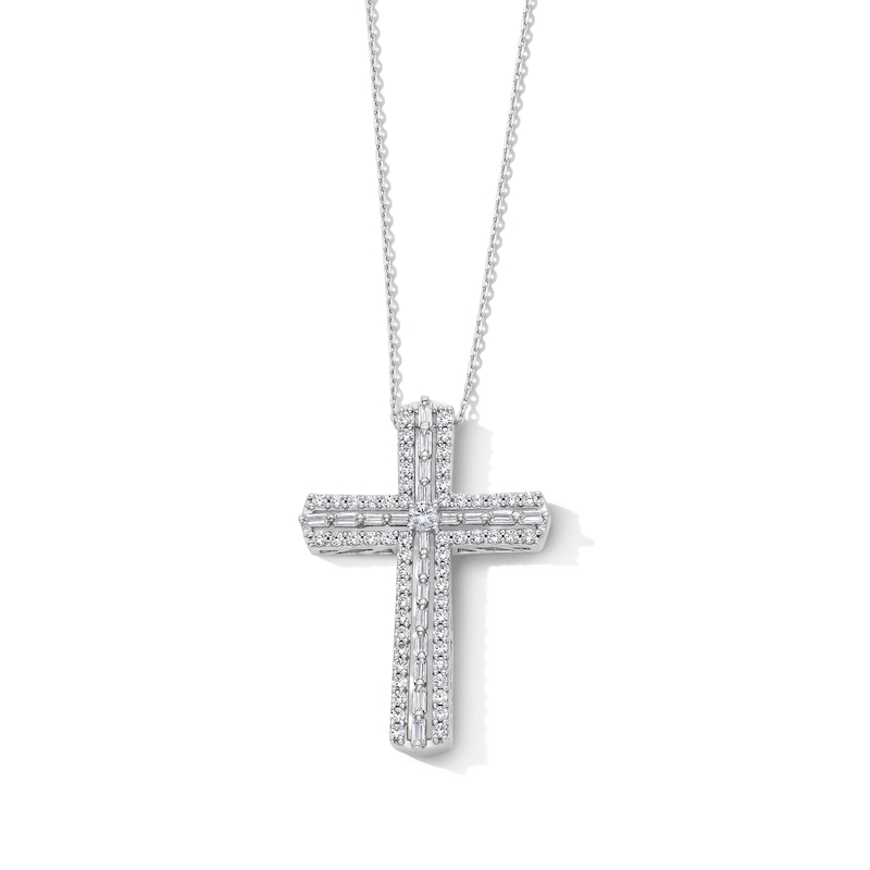 1.00 CT. T.W. Baguette-Cut and Round Diamond Cross Pendant in Sterling Silver