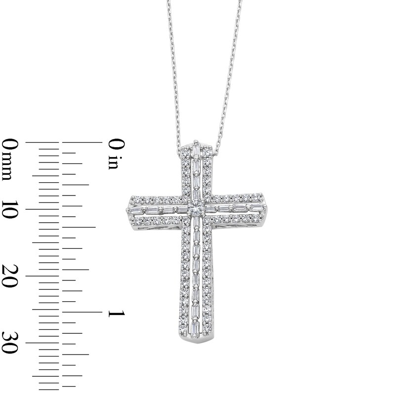 Main Image 3 of 1.00 CT. T.W. Baguette-Cut and Round Diamond Cross Pendant in Sterling Silver