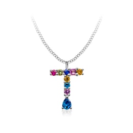 Multi-Colour Initial "T" Necklace with Birthstone (1 Stone)