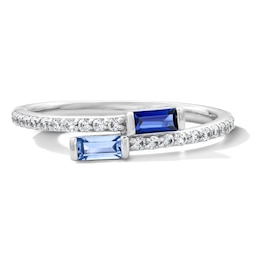 Baguette-Cut Blue Lab-Created Sapphire and 0.18 CT. T.W. Lab-Grown Diamond Ring in Sterling Silver (F/SI2)
