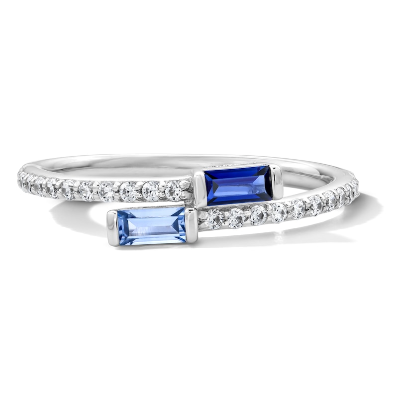 Main Image 1 of Baguette-Cut Blue Lab-Created Sapphire and 0.18 CT. T.W. Lab-Grown Diamond Ring in Sterling Silver (F/SI2)