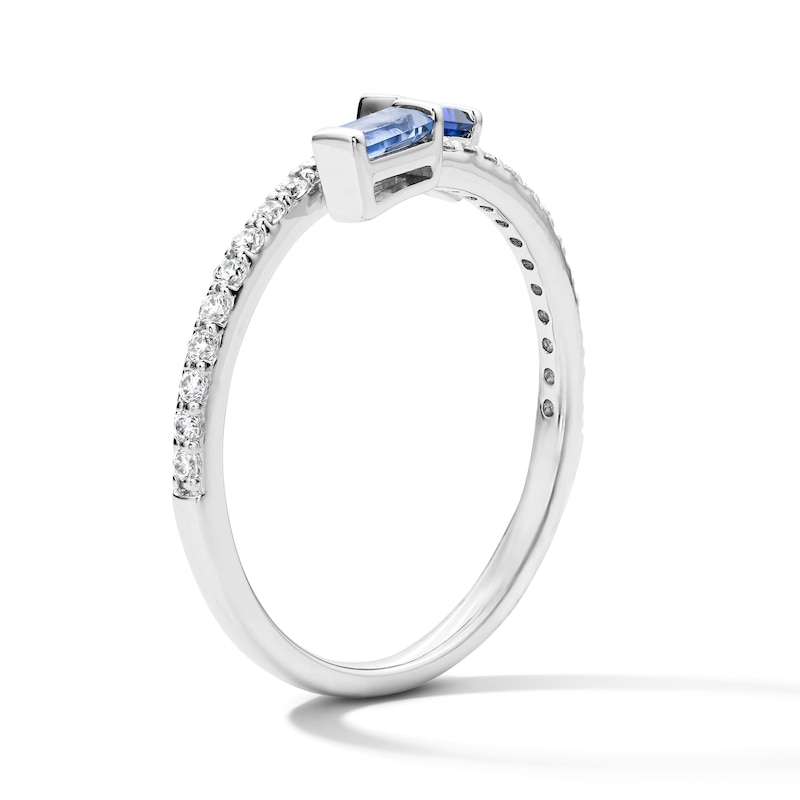 Main Image 3 of Baguette-Cut Blue Lab-Created Sapphire and 0.18 CT. T.W. Lab-Grown Diamond Ring in Sterling Silver (F/SI2)