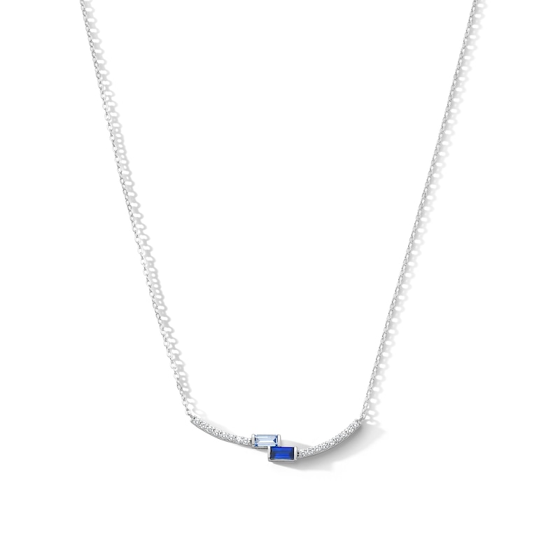 Main Image 1 of Baguette-Cut Blue Lab-Created Sapphire and 0.14 CT. T.W. Lab-Grown Diamond Necklace in Sterling Silver (F/SI2) - 17"