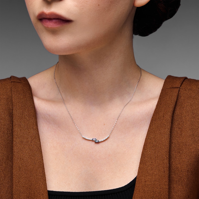 Main Image 2 of Baguette-Cut Blue Lab-Created Sapphire and 0.14 CT. T.W. Lab-Grown Diamond Necklace in Sterling Silver (F/SI2) - 17"