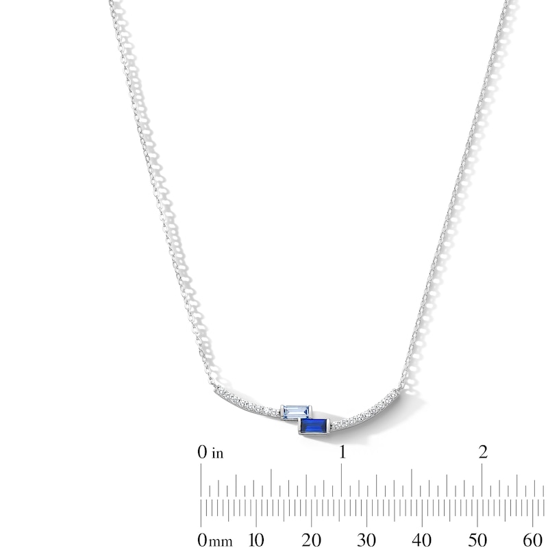 Main Image 3 of Baguette-Cut Blue Lab-Created Sapphire and 0.14 CT. T.W. Lab-Grown Diamond Necklace in Sterling Silver (F/SI2) - 17"