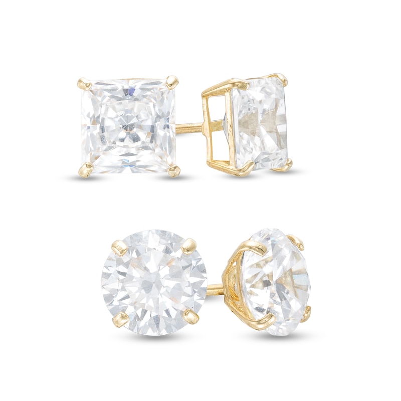 Main Image 1 of Princess-Cut and Round Cubic Zirconia Stud Earrings Set in 10K Gold