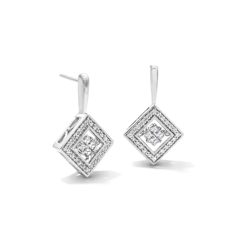 Main Image 1 of Unstoppable Love™ 0.70 CT. T.W. Princess-Cut Diamond Tilted Square Drop Earrings in 10K White Gold