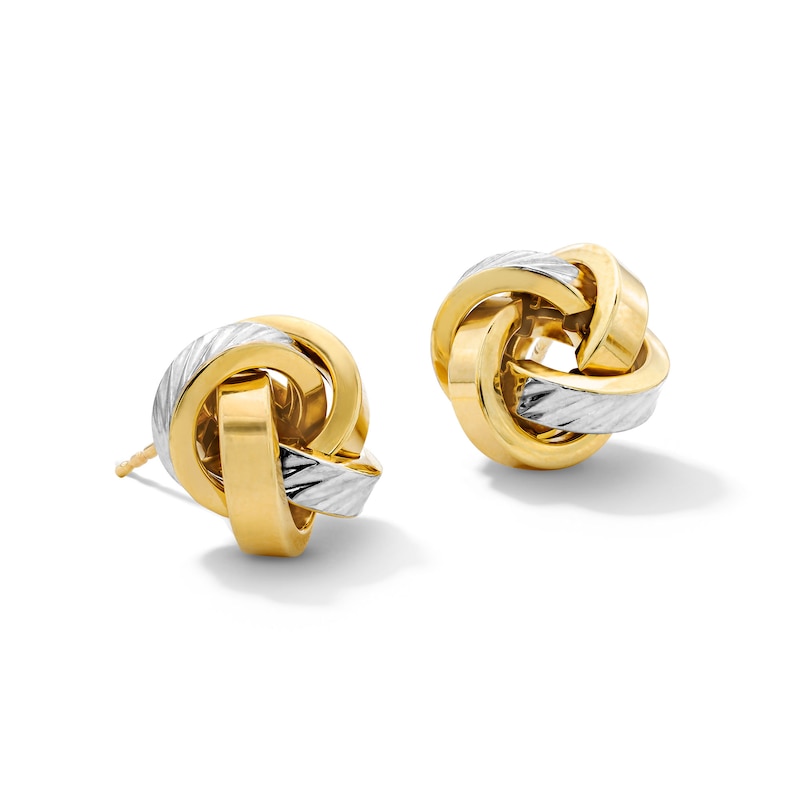 Square Tube Love Knot Stud Earrings in Hollow 10K Two-Tone Gold