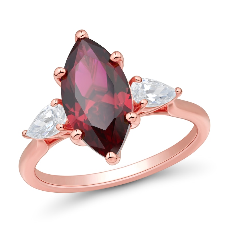 Marquise-Cut Lab Created Ruby and 0.45 CT. T.W. Pear-Shaped Certified Lab-Grown Diamond Ring 10K Rose Gold (F/SI2)