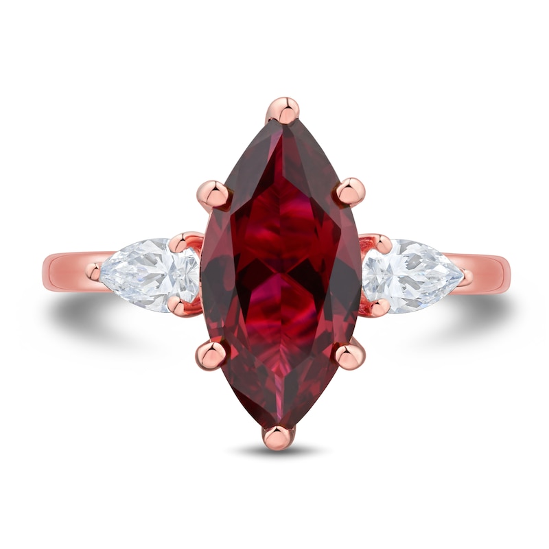 Marquise-Cut Lab Created Ruby and 0.45 CT. T.W. Pear-Shaped Certified Lab-Grown Diamond Ring 10K Rose Gold (F/SI2)