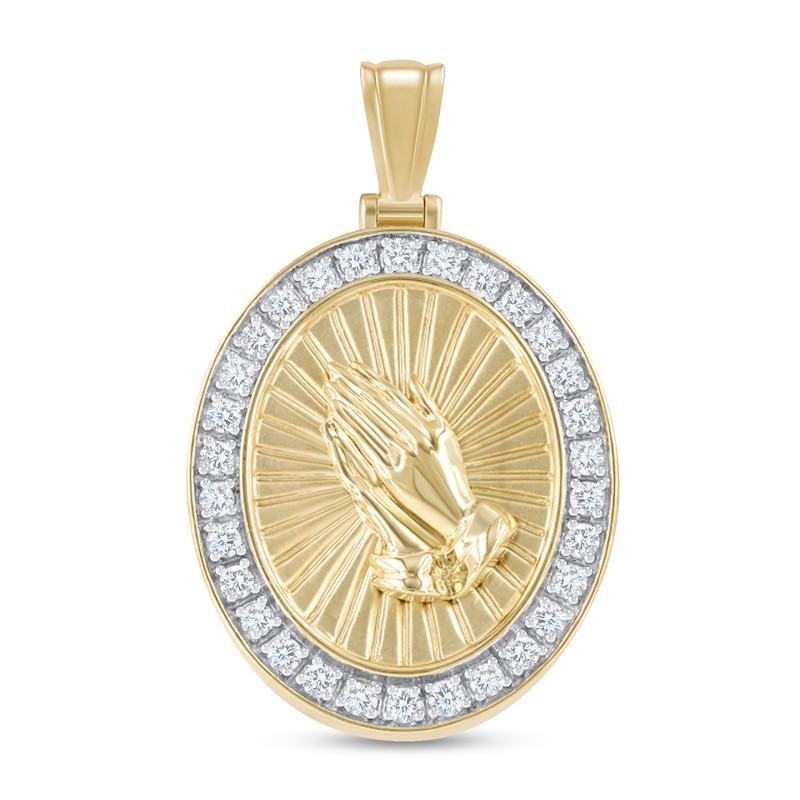0.69 CT. T.W. Certified Lab-Grown Diamond Frame Oval Praying Hands Necklace Charm in 10K Gold (F/VS2)