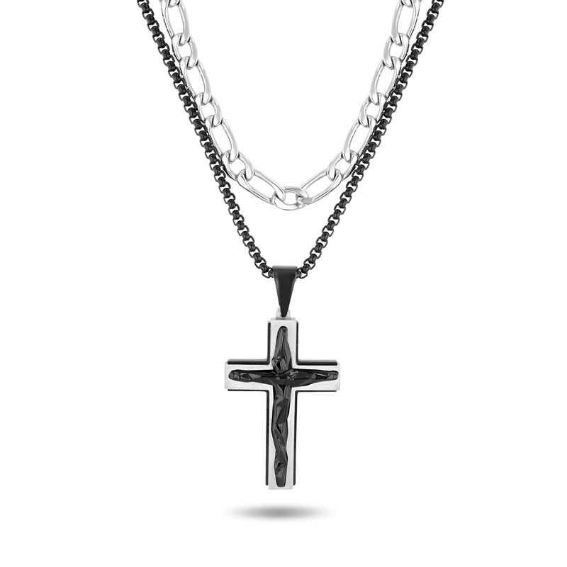 Main Image 1 of Layered Figaro and Box Chain Cross Necklace in Two-Tone Stainless Steel - 22”