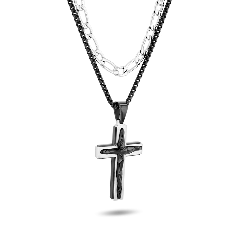 Main Image 2 of Layered Figaro and Box Chain Cross Necklace in Two-Tone Stainless Steel - 22”